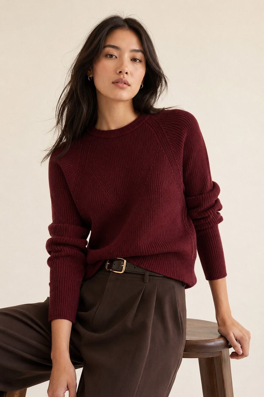 Banana Republic 100% Merino Wool Ribbed Raglan Fisherman Sweater Burgundy S Knit
